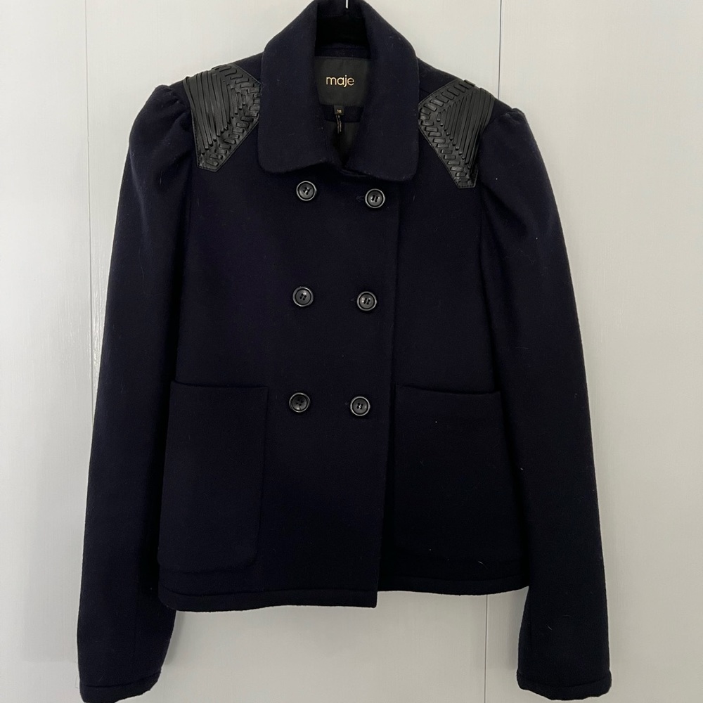 Maje wool coat with beautiful leather detail on shoulders
